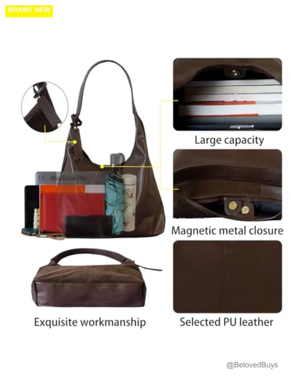 PU Leather and Suede Hobo Tote Bag with Interior Pockets Large Capacity
